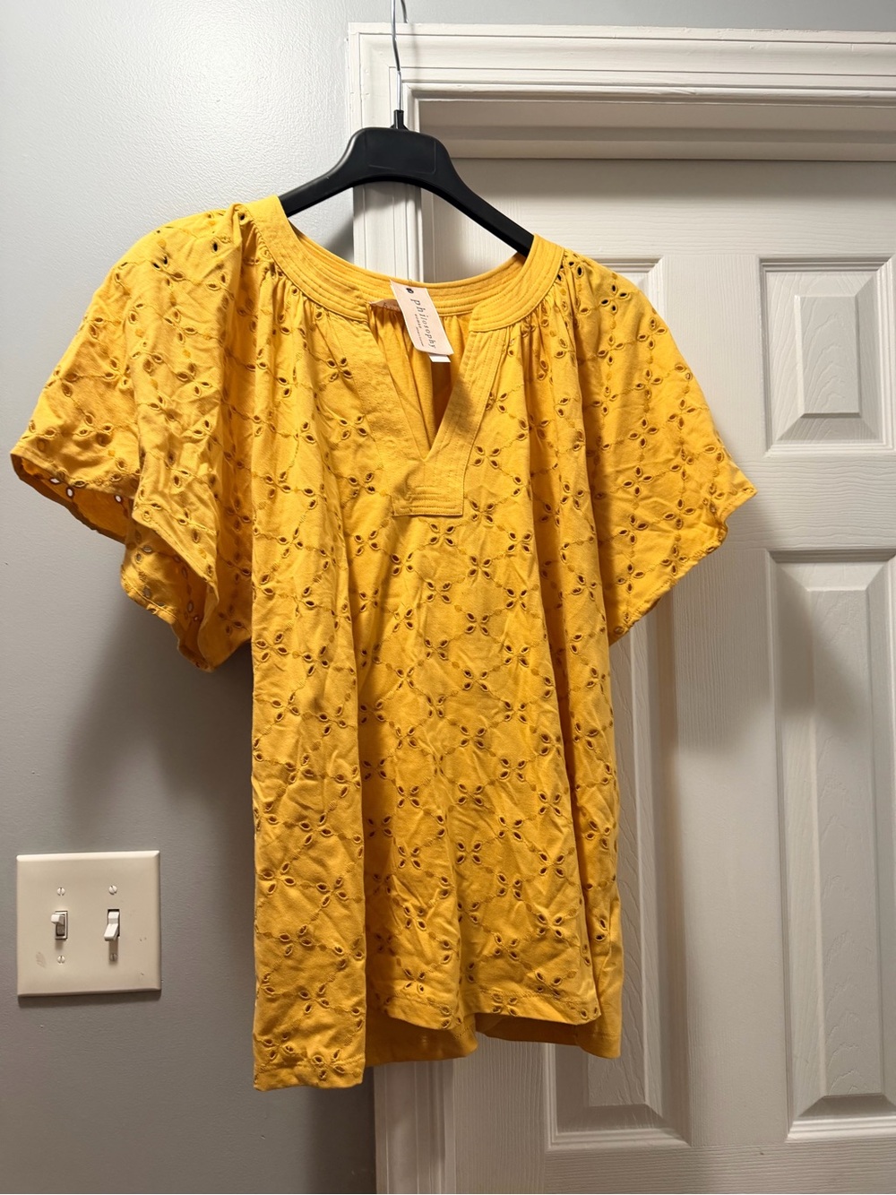 Philosophy Eyelet Split-Neck Women's Top in Mustard Yellow with arm coverage